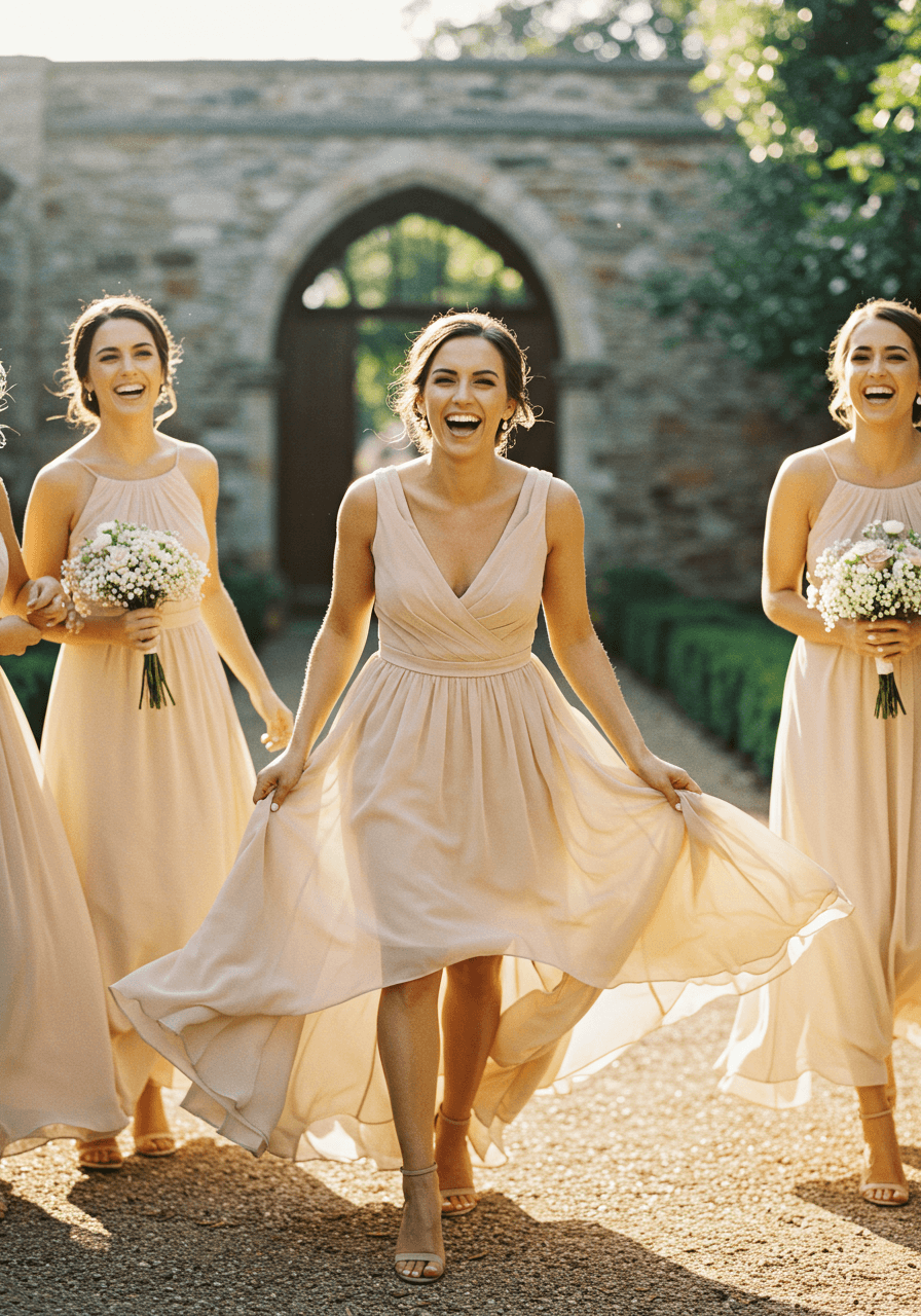 Bridesmaids in flowing champagne chiffon high-low dresses laughing together in sunlit garden courtyard