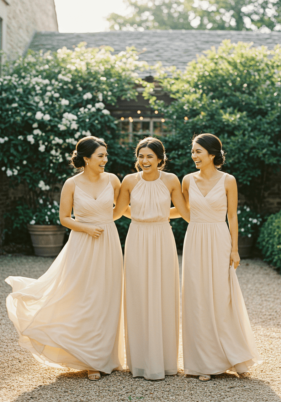 Three bridesmaids in flowing champagne chiffon A-line dresses laughing together in sunlit garden courtyard during golden hour