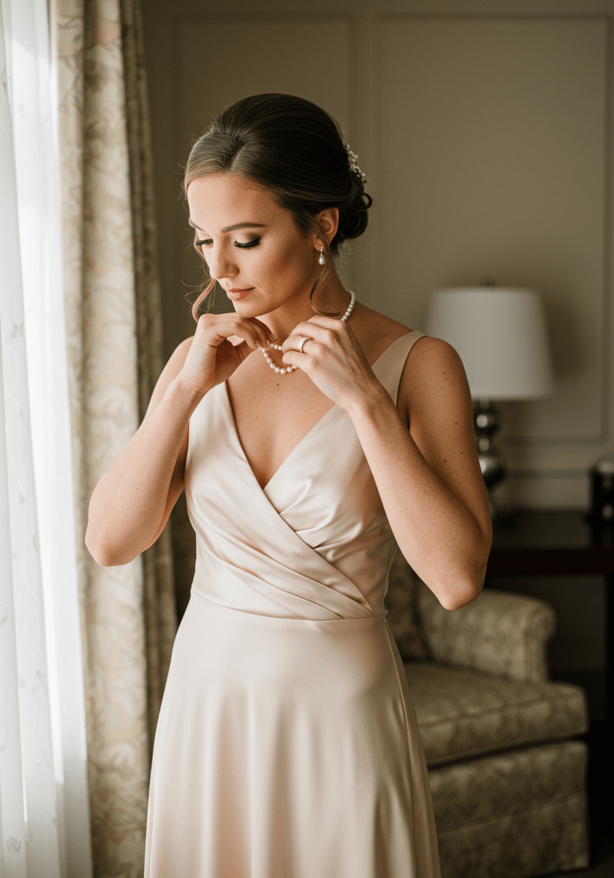 Bridesmaid in elegant champagne satin v-neck dress adjusting delicate necklace in luxurious bridal suite