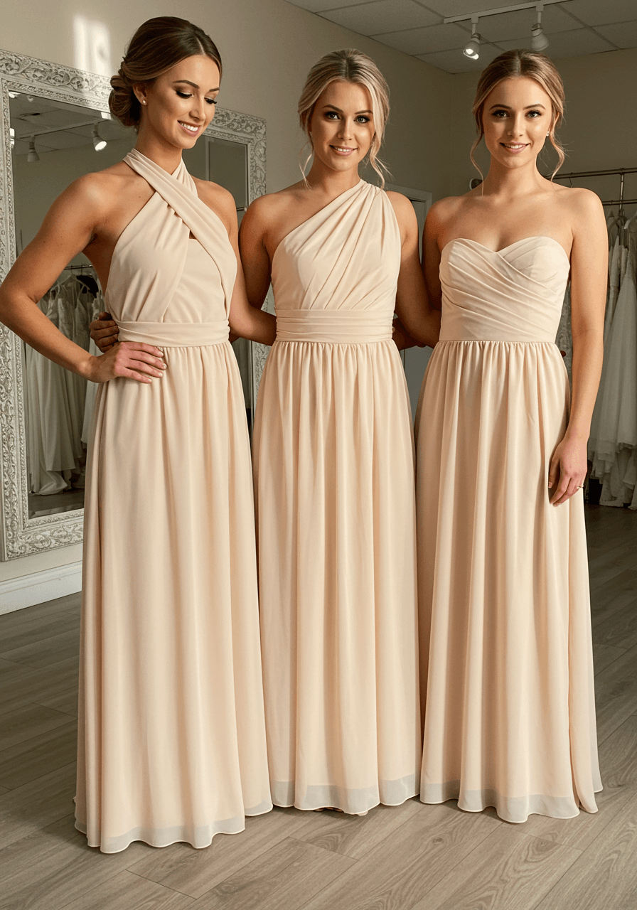 Low angle shot of bridesmaids in convertible champagne dresses showing different neckline transformations