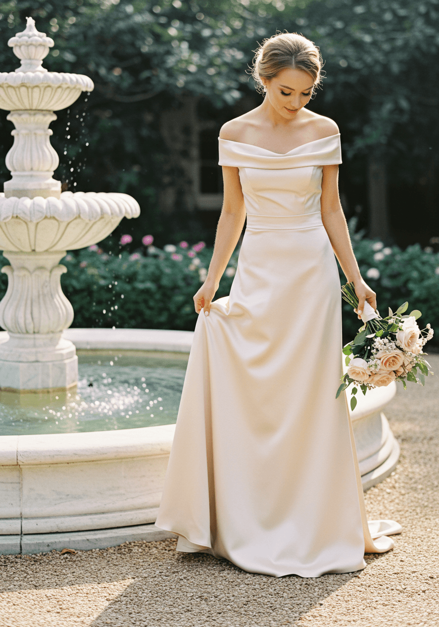 Detail shot of champagne satin bridesmaid dress skirt flowing gracefully near garden fountain