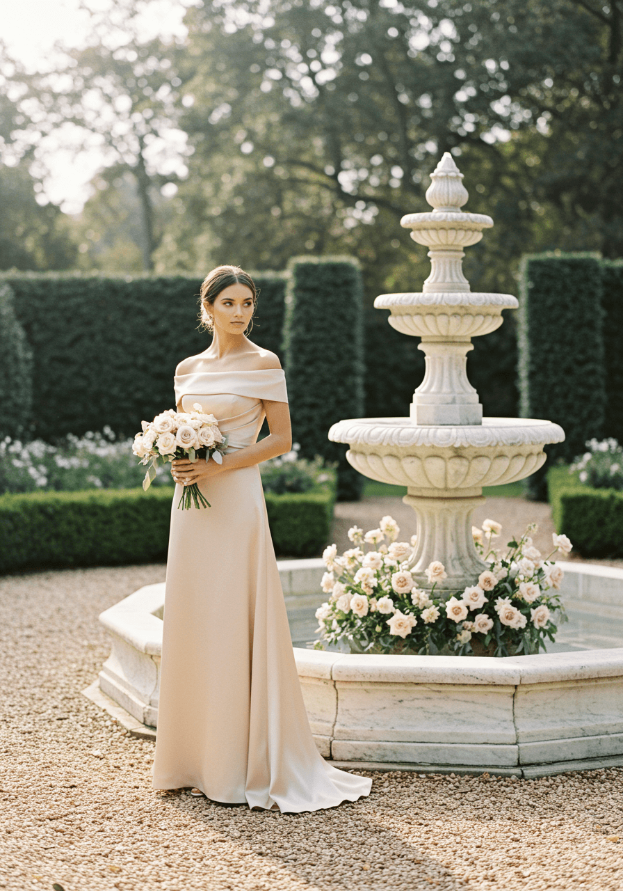 Bridesmaid in elegant champagne satin off-shoulder gown standing beside marble fountain in estate garden