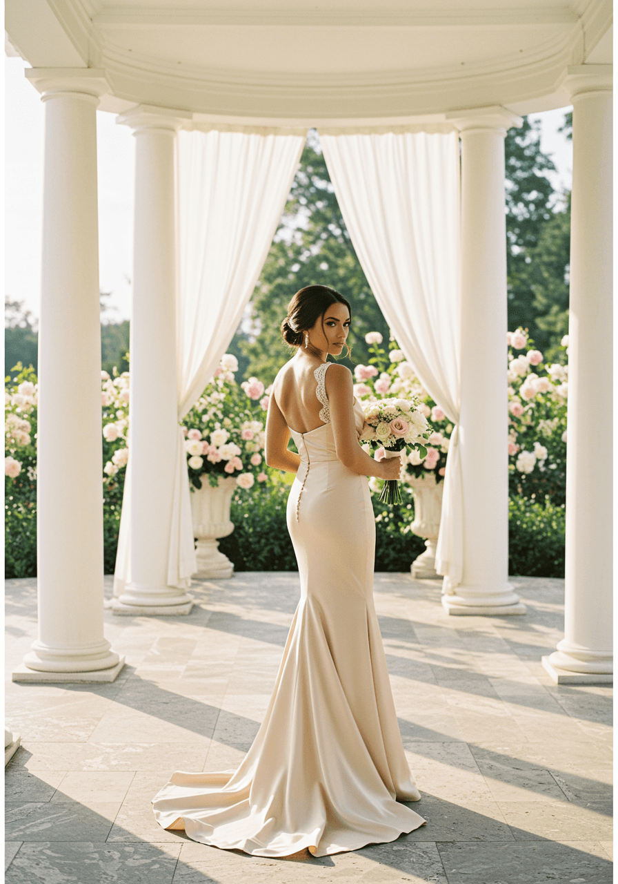 Bridesmaid in champagne mermaid cut satin dress in sunlit garden pavilion with white columns