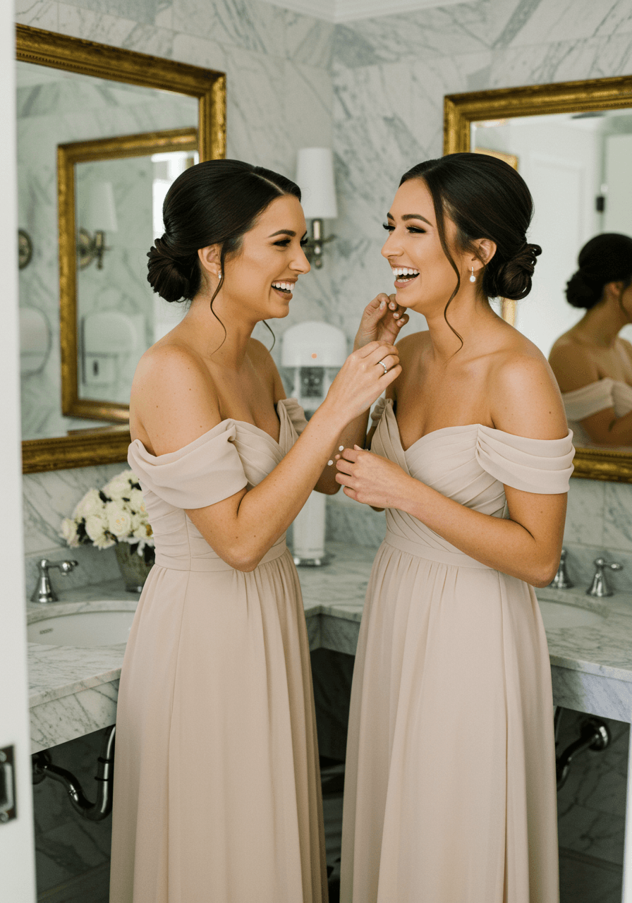 Two bridesmaids in off-shoulder champagne chiffon dresses sharing intimate laugh in elegant marble powder room