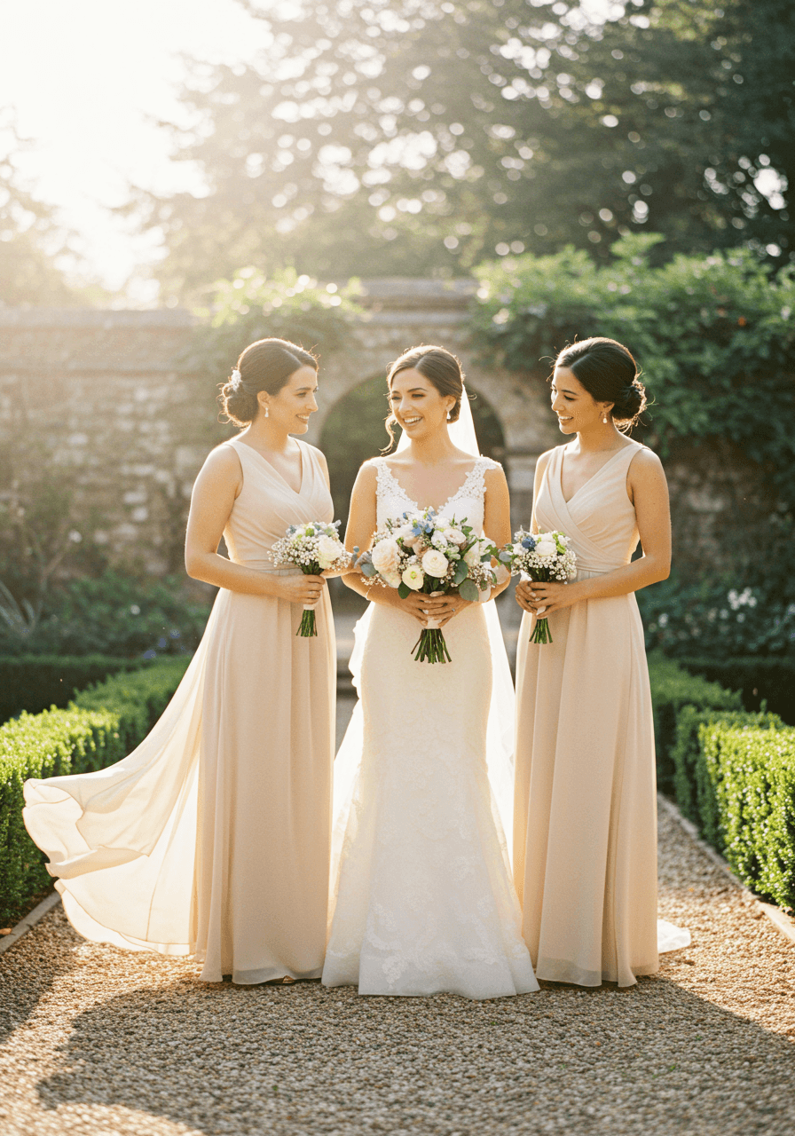 Bride with two bridesmaids wearing A-line champagne dresses with elegant draping in sunlit garden courtyard