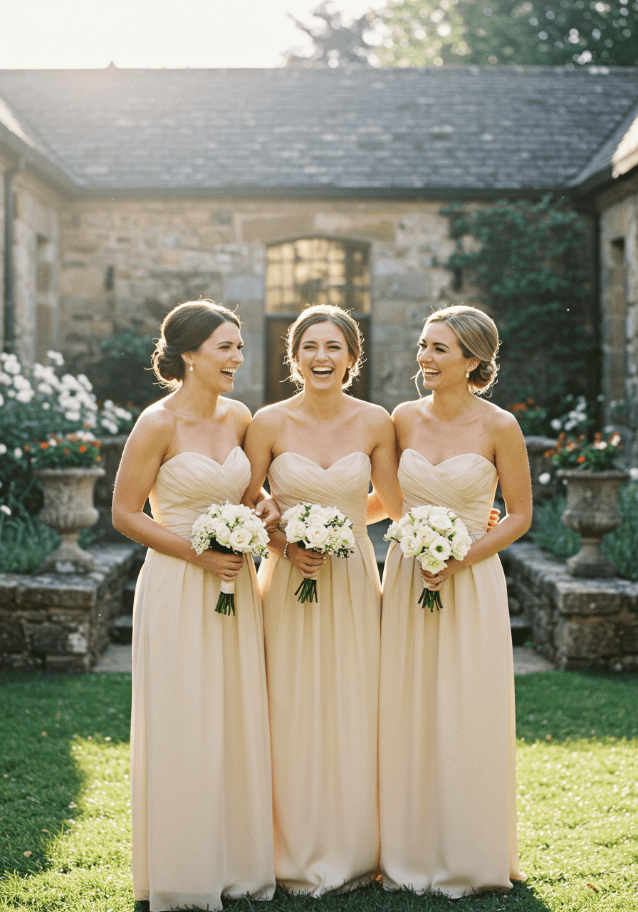 Three bridesmaids wearing strapless champagne crepe dresses with pleated bodices laughing in sunlit garden