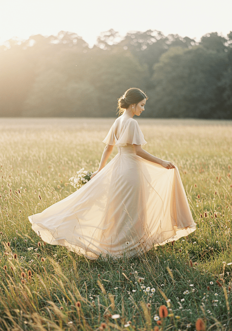 Bridesmaid in ethereal champagne chiffon dress with flutter sleeves captured mid-movement in wildflower meadow