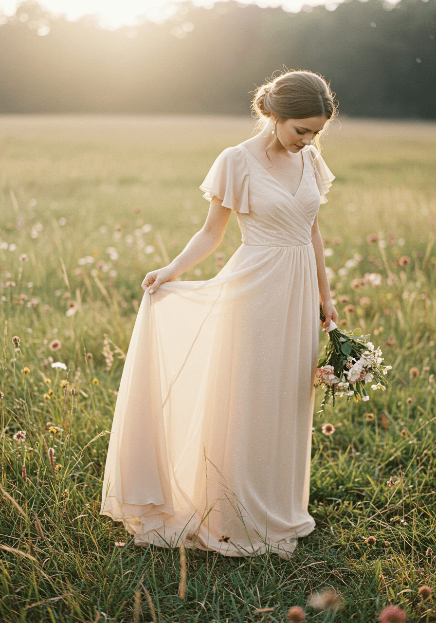 Bridesmaid adjusting flowing champagne chiffon dress with billowing fabric in natural outdoor setting