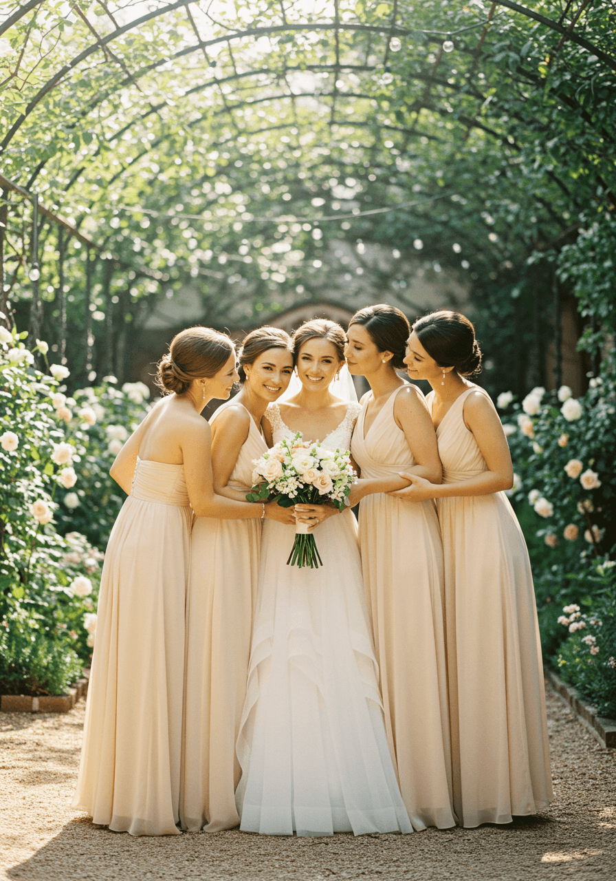 Bride in white gown embracing three bridesmaids wearing champagne empire waist chiffon gowns in sunlit garden