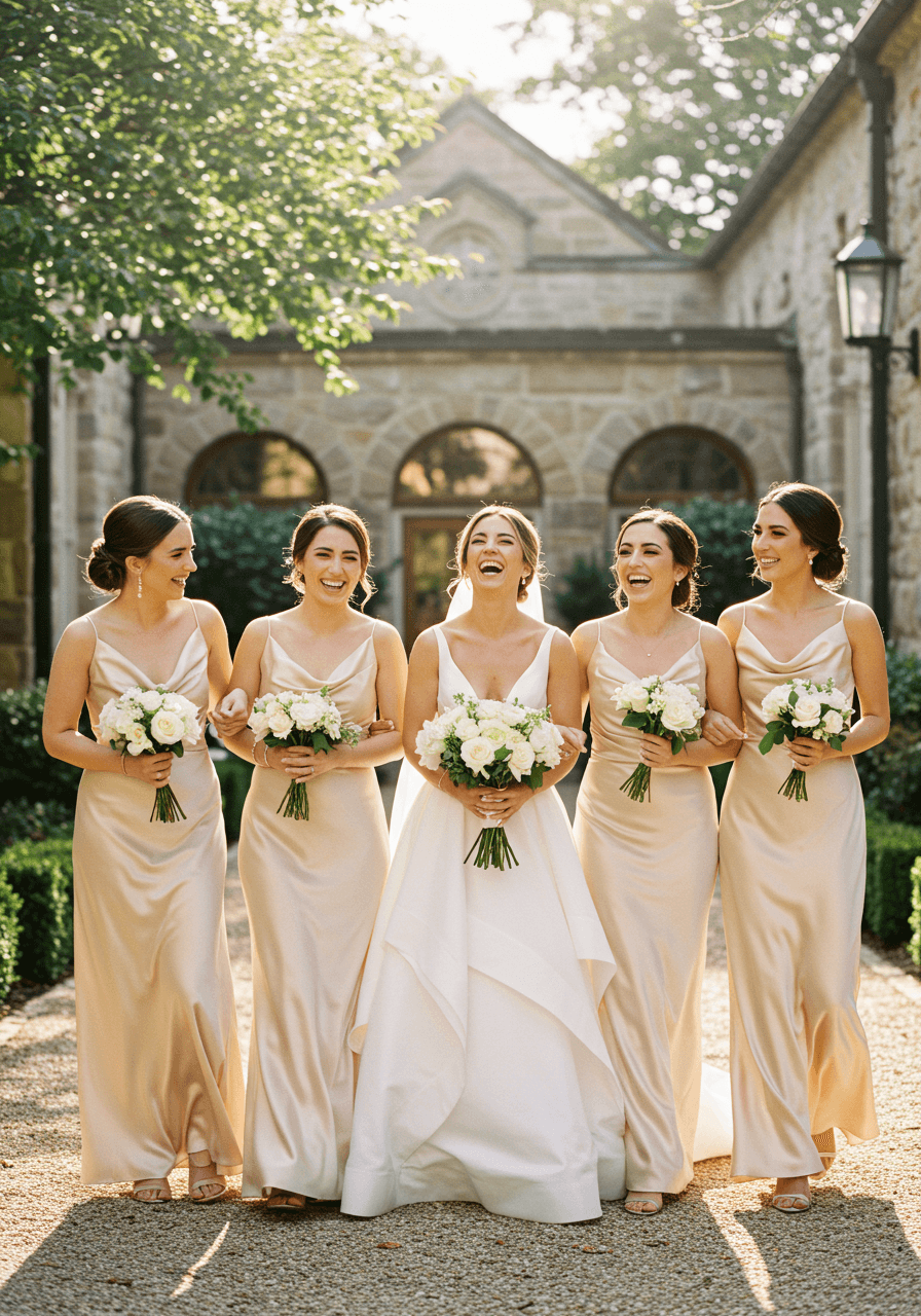 Bride in white gown laughing with three bridesmaids wearing champagne satin dresses in sunlit garden courtyard