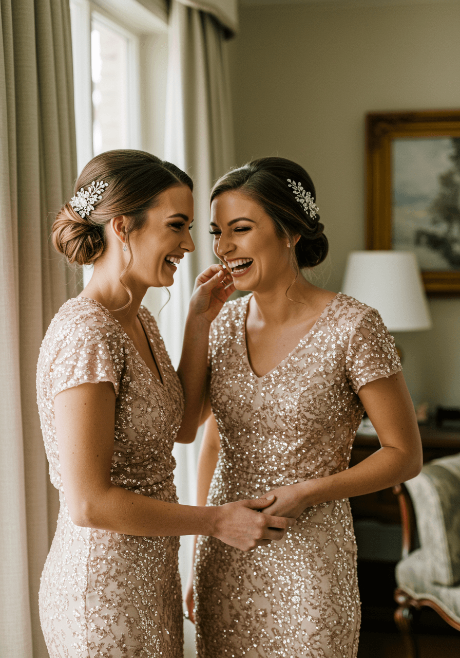 Two bridesmaids in sequined champagne dresses sharing candid laugh in elegant bridal suite