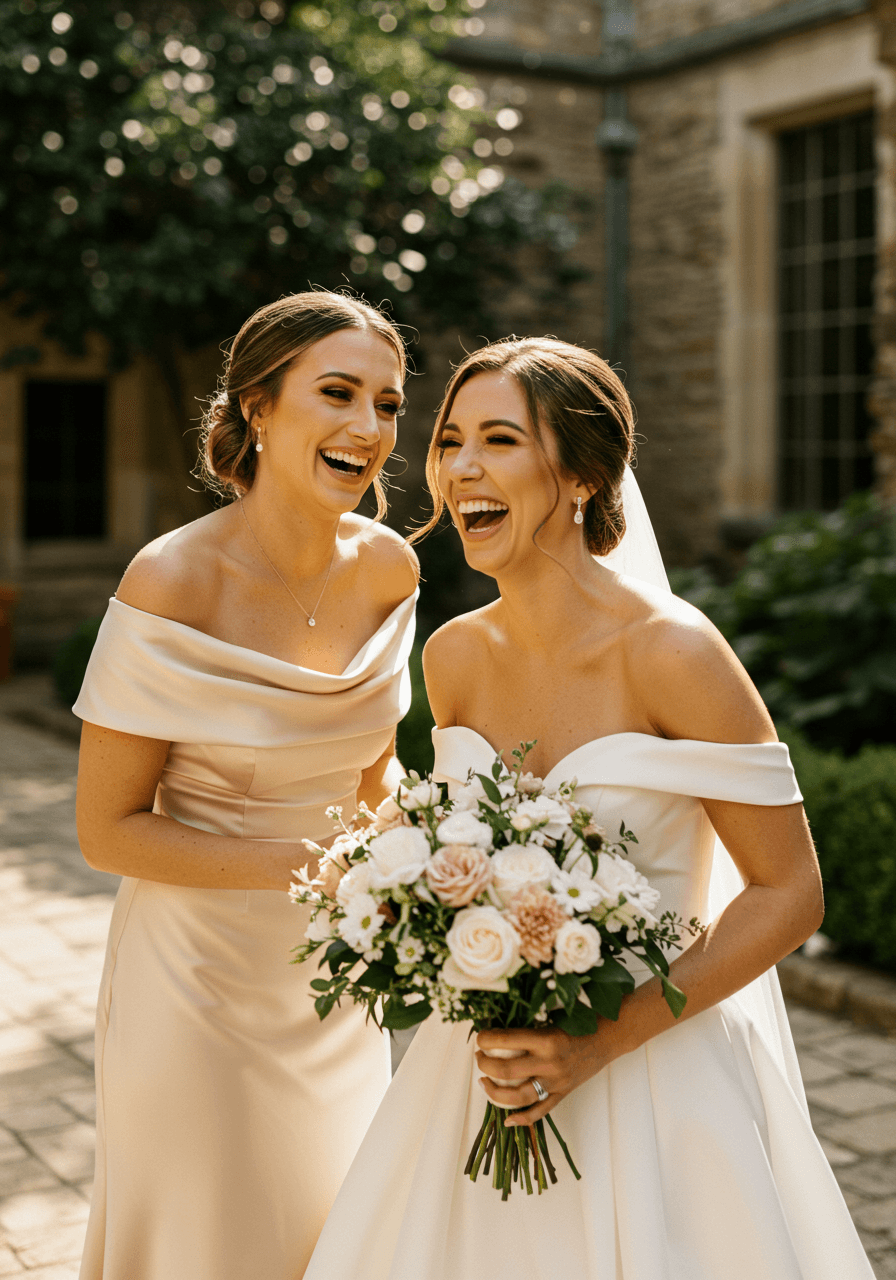 Bridesmaid in off-shoulder champagne crepe dress laughing joyfully with bride in sunlit garden