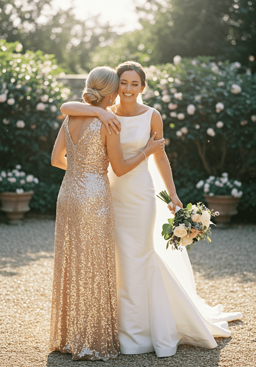 Bridesmaid in floor-length sequined champagne dress laughing with bride in sunlit garden