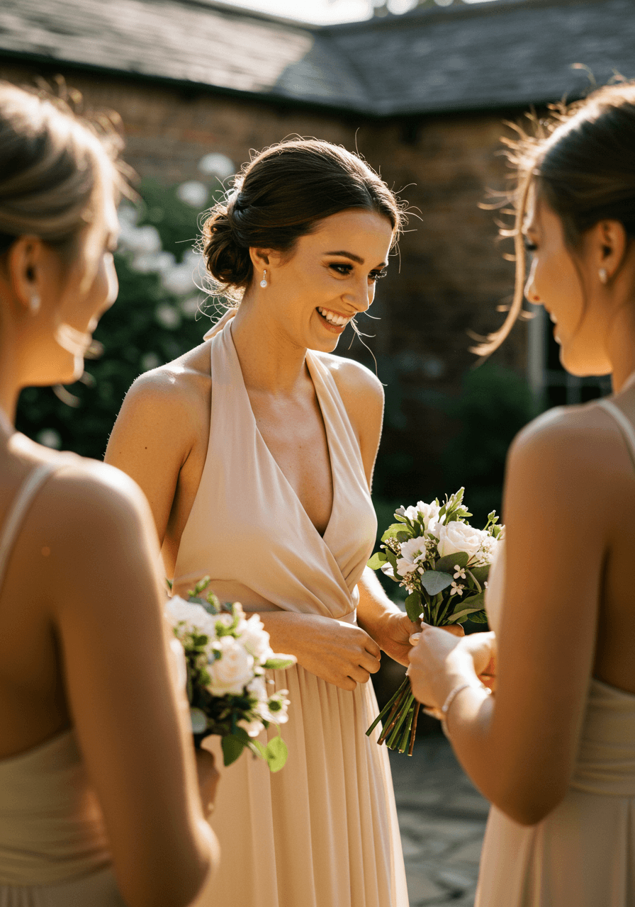 Two bridesmaids in champagne halter dresses sharing quiet conversation in garden setting