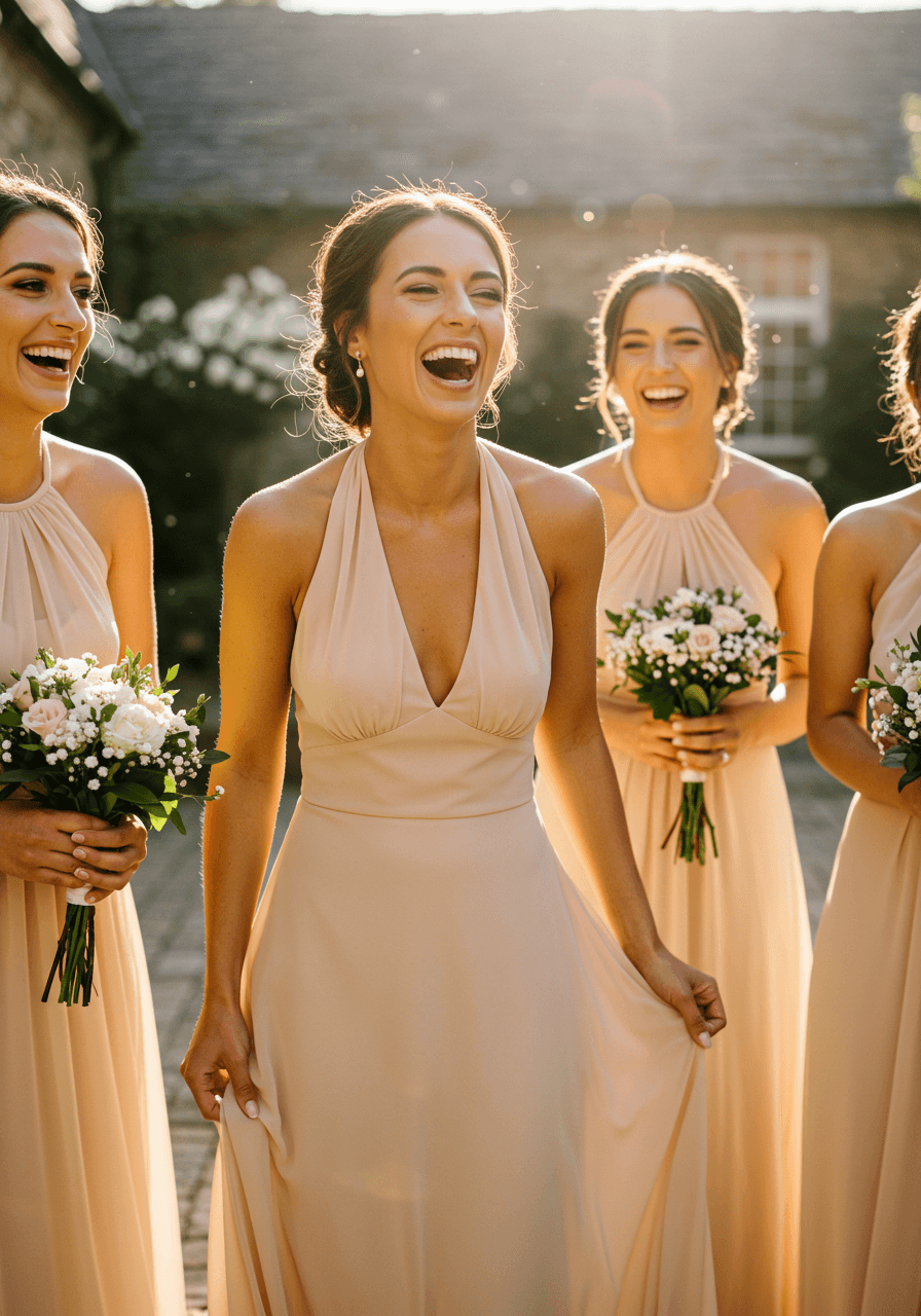 Three bridesmaids in flowing champagne chiffon halter neck dresses laughing together in sunlit garden