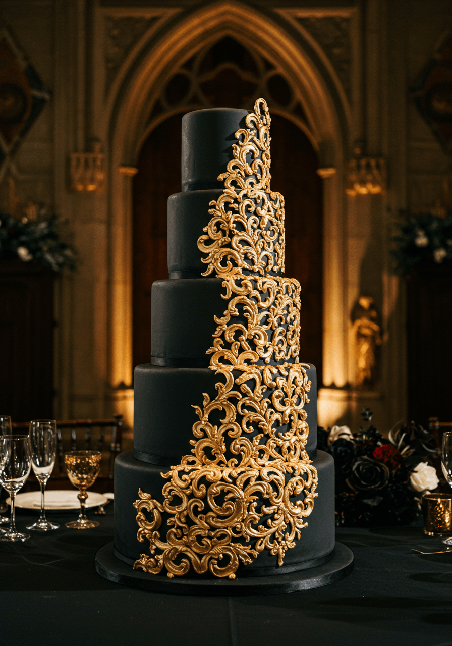 Medium shot of gold leaf decorative elements on black fondant cake with gothic architectural background