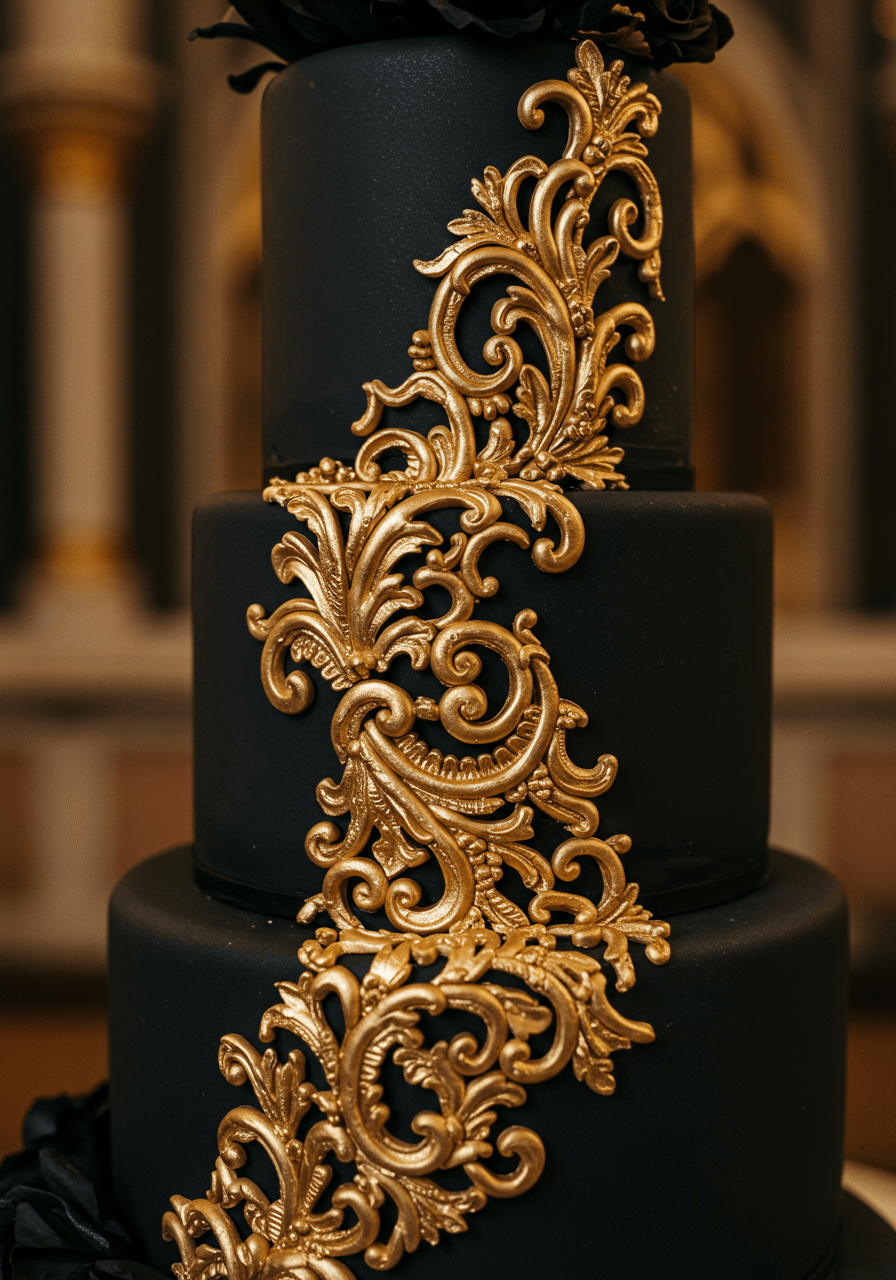 Macro detail of ornate baroque gold leaf filigree work on jet black wedding cake tier in gothic reception venue