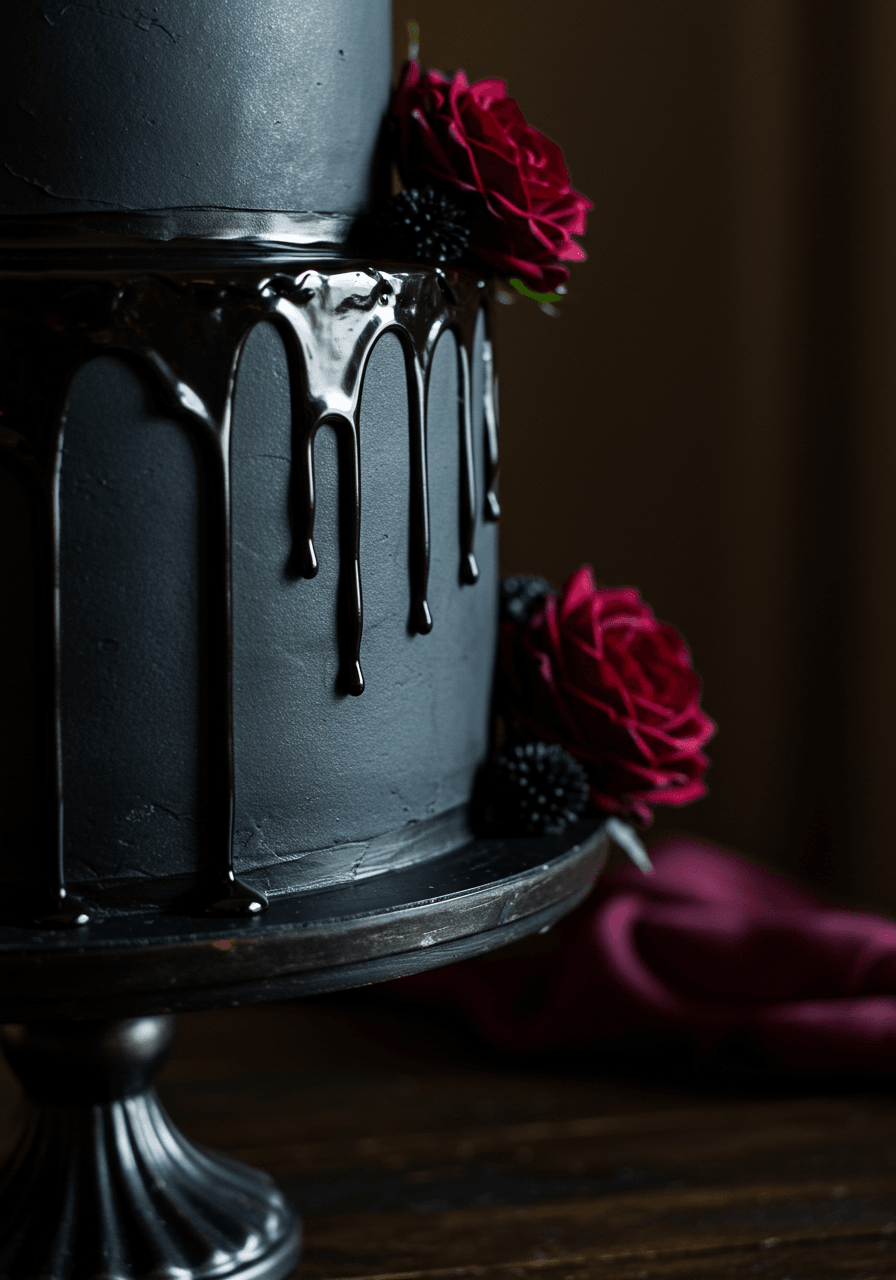 Macro detail of glossy black chocolate ganache dripping over matte fondant edge in afternoon light