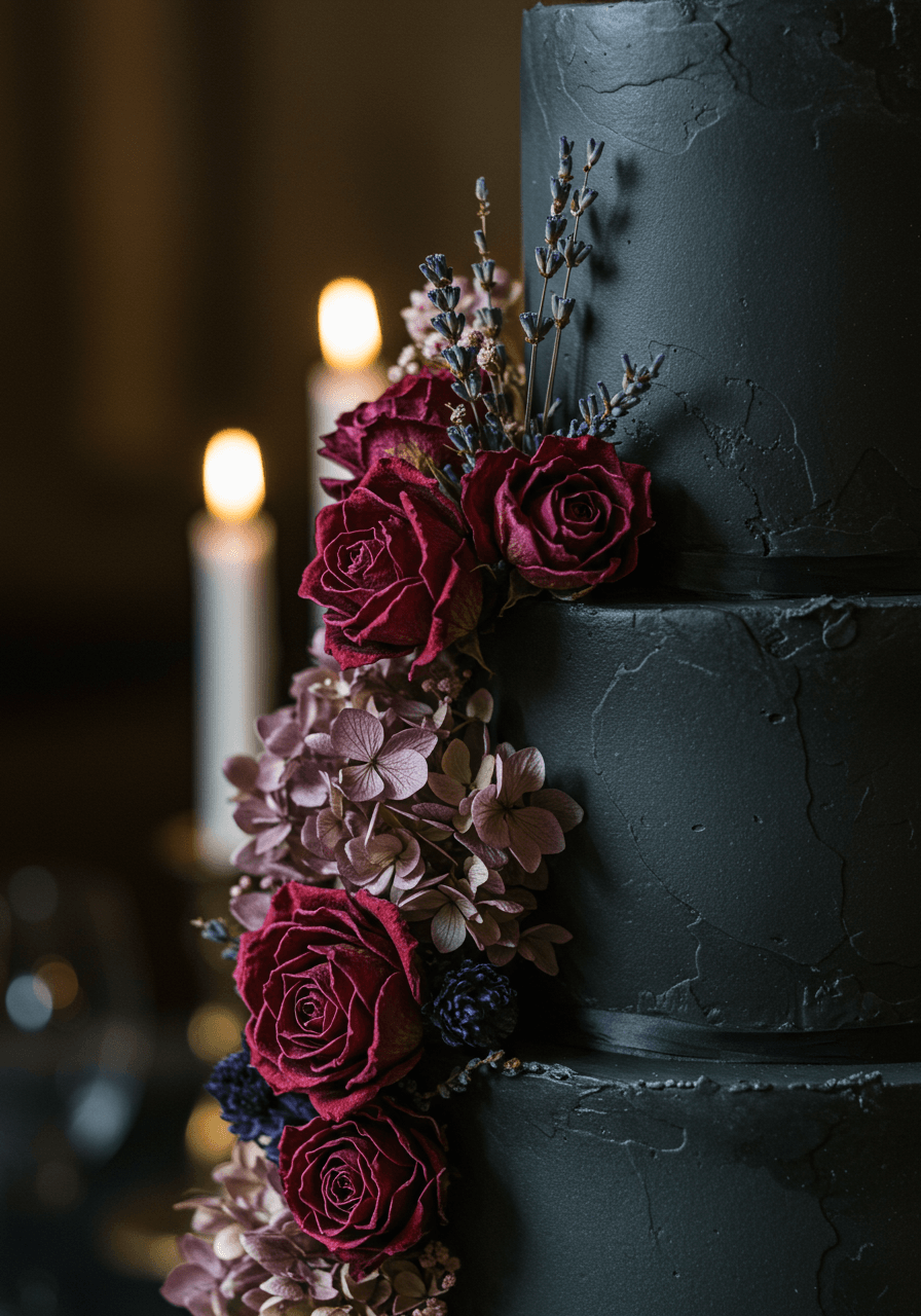 Close-up detail of dried botanical cake decorations in flickering candlelight with dramatic shadows