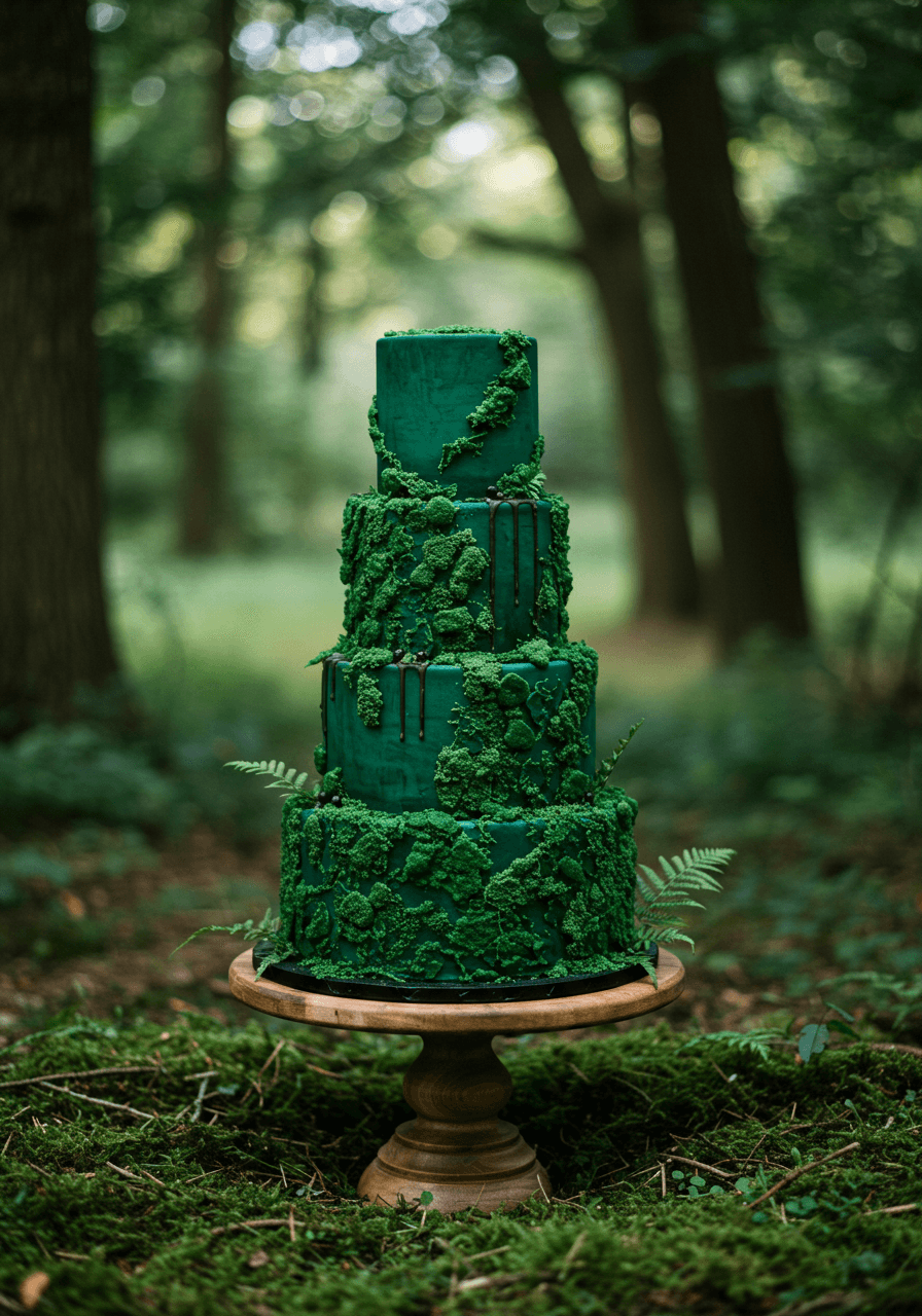Three-tier emerald green gothic wedding cake with mossy texture details on wooden pedestal in enchanted forest clearing