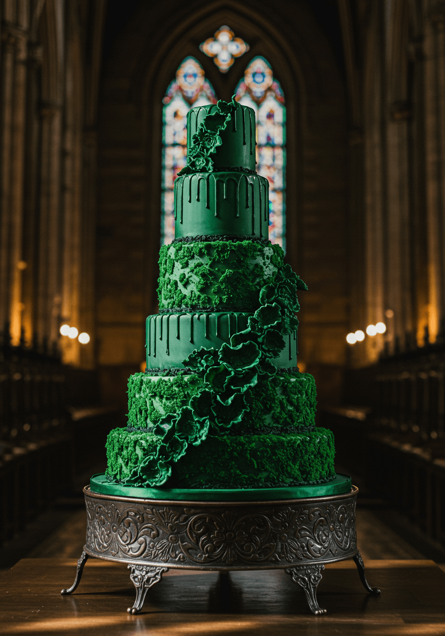 Magnificent emerald green gothic wedding cake with mossy textures in cathedral venue with stained glass lighting