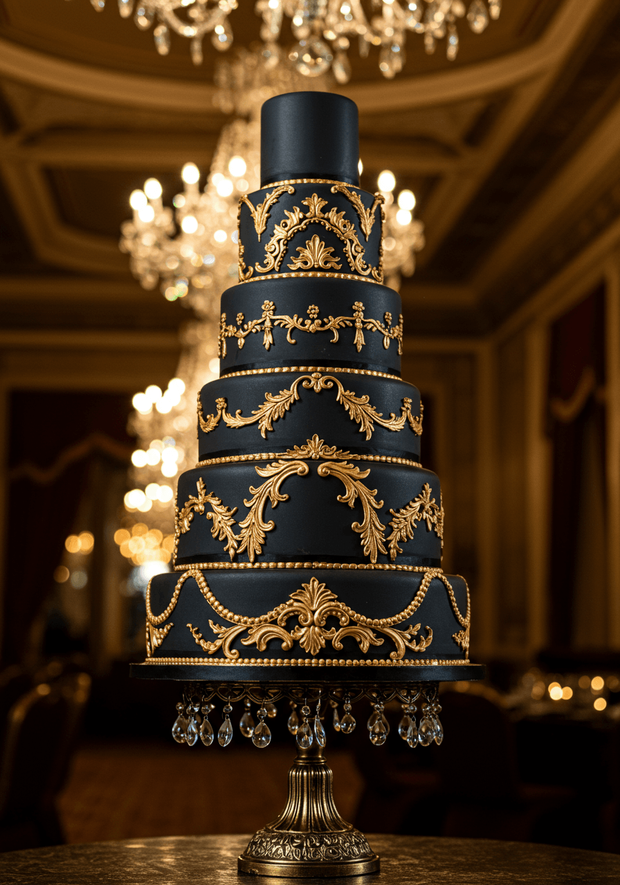 Upward angle view of gold scrollwork details on black wedding cake with crystal chandelier lighting