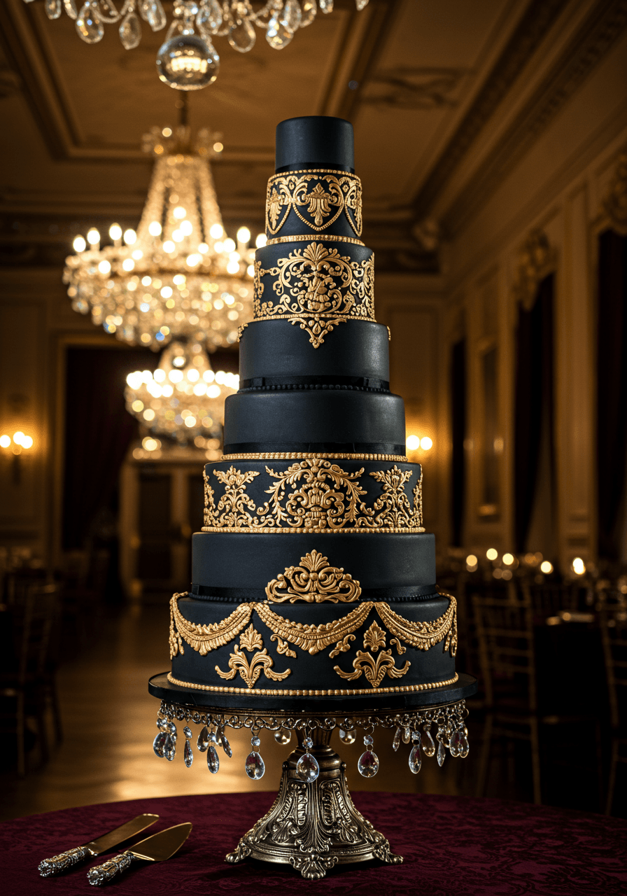 Five-tier gothic wedding cake with onyx black fondant and intricate baroque gold leaf patterns in opulent ballroom