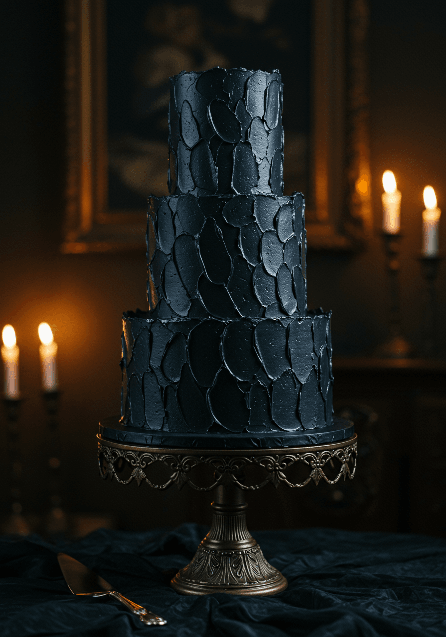 Three-tier gothic wedding cake with dramatic black buttercream applied in sculptural palette knife strokes in Victorian parlor