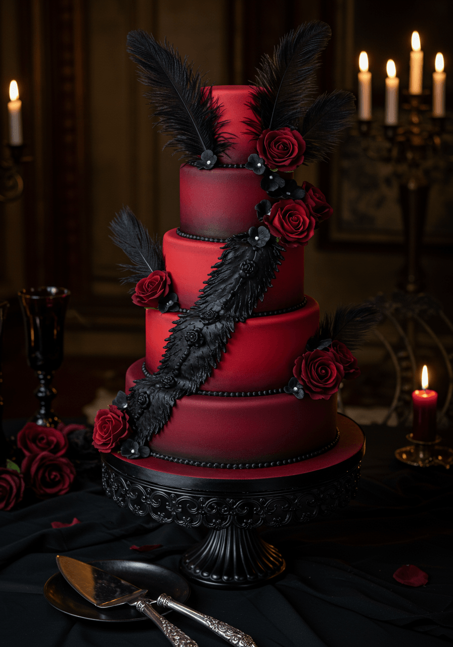 Overhead view of blood red ombre wedding cake with cascading raven feathers in Victorian mansion dining room