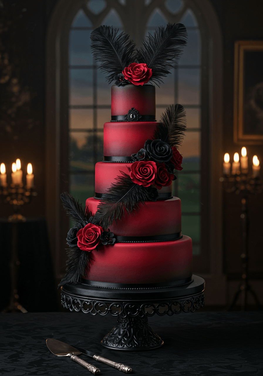 Multi-tiered gothic wedding cake with deep crimson ombre layers and black raven feather decorations on wrought iron stand