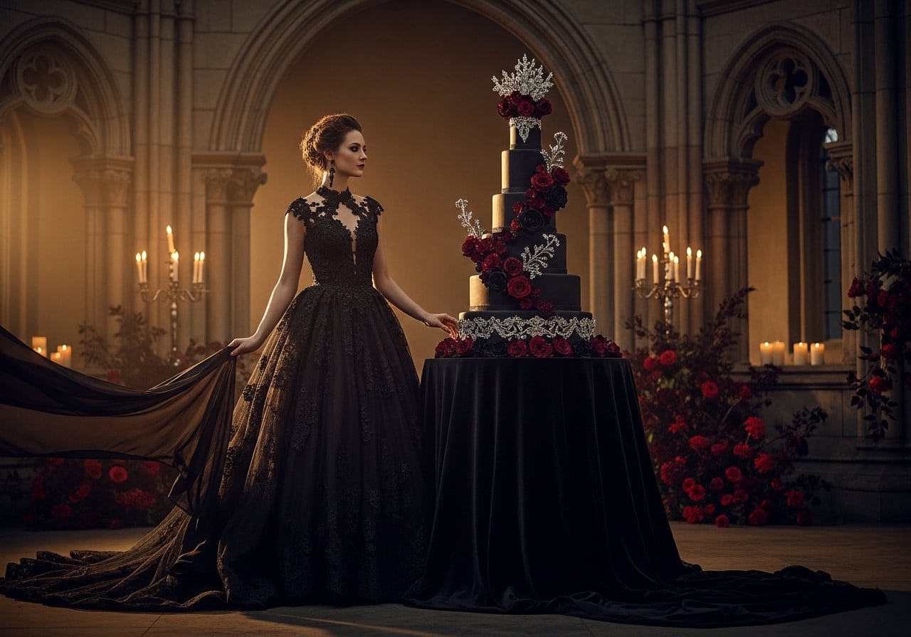 Featured image for 15 Gothic-Chic Wedding Cakes for the Boldly Elegant Bride