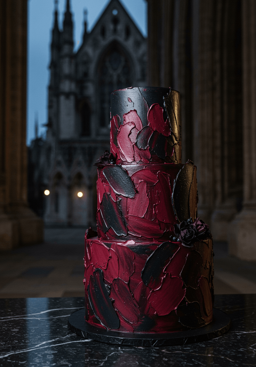 Wide angle shot of textured burgundy and black wedding cake in gothic cathedral setting with dramatic lighting
