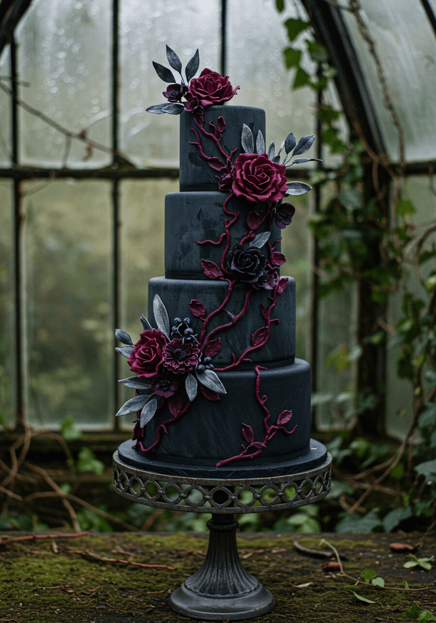 Gothic wedding cake with obsidian fondant and burgundy sugar vines in abandoned Victorian conservatory setting