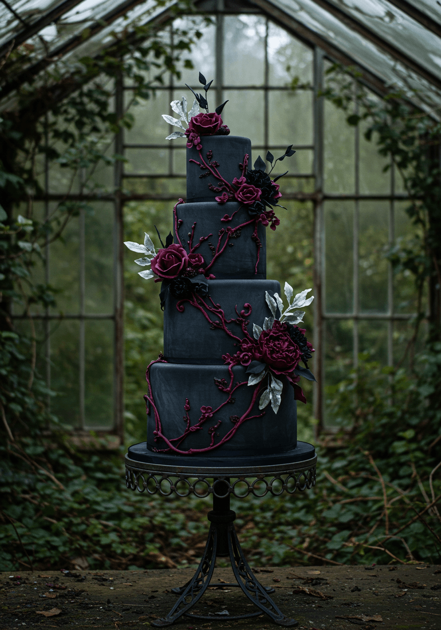 Wide angle view of gothic cake with cascading dark vines in atmospheric conservatory with filtered light