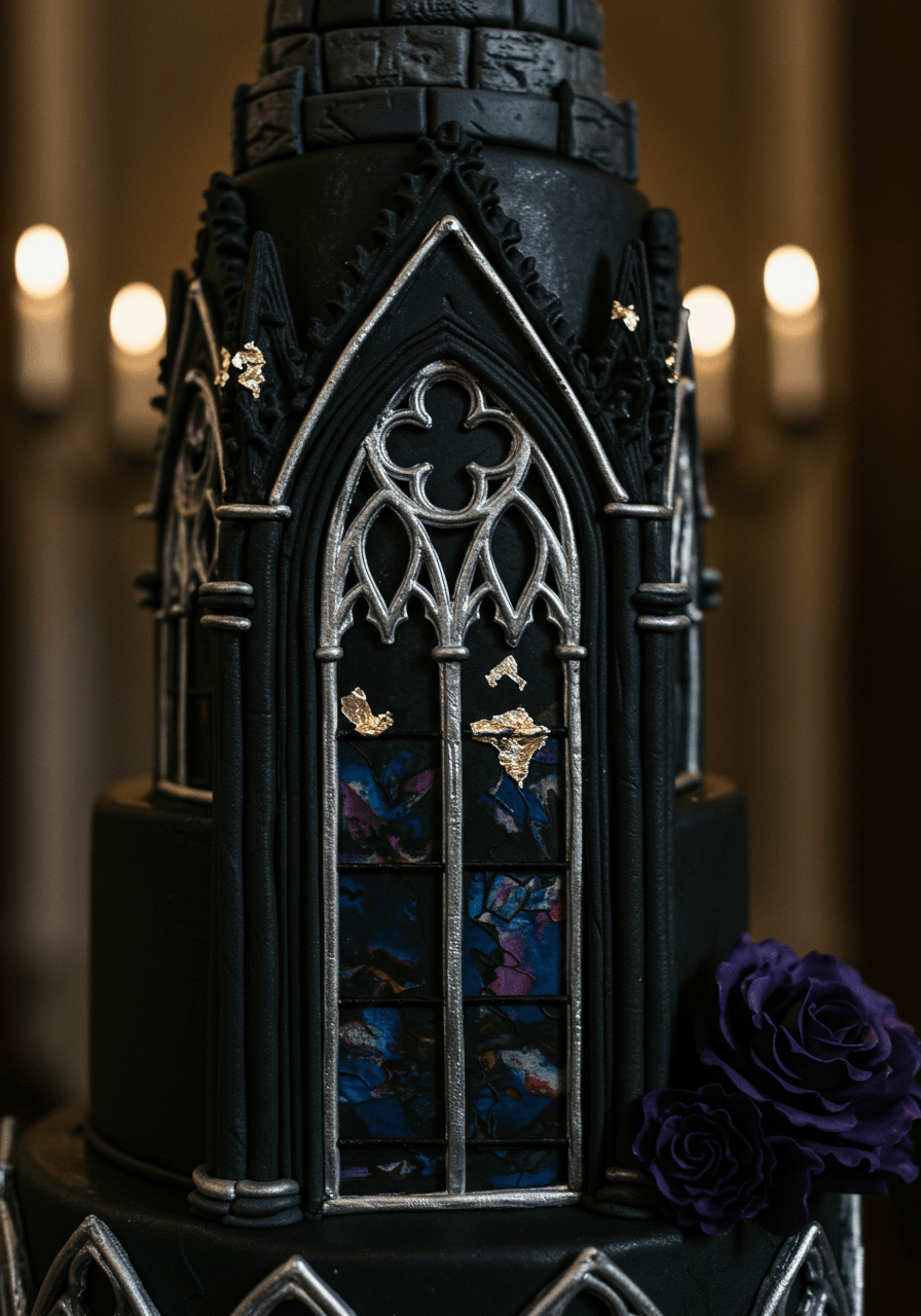 Close-up detail of gothic cathedral window piping work with silver leaf accents in castle hall
