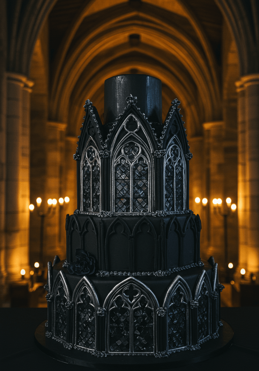 Wide angle view of architectural piping details on black fondant cake in stone castle setting