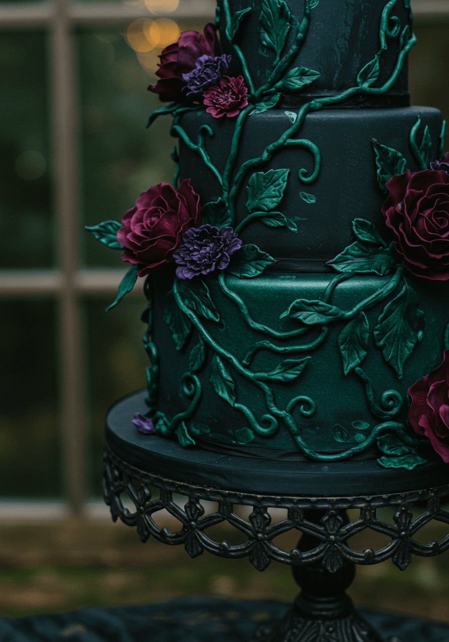 Close-up detail of dark emerald sugar vines with thorny textures and purple wildflowers on obsidian fondant