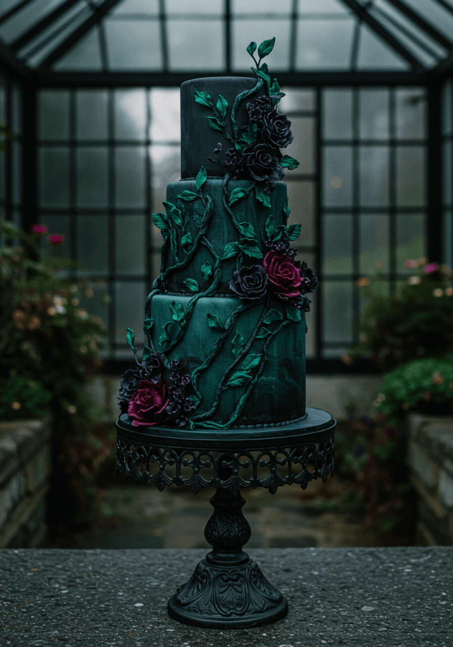 Medium shot of cascading botanical sugar decorations on black wedding cake in moody conservatory lighting