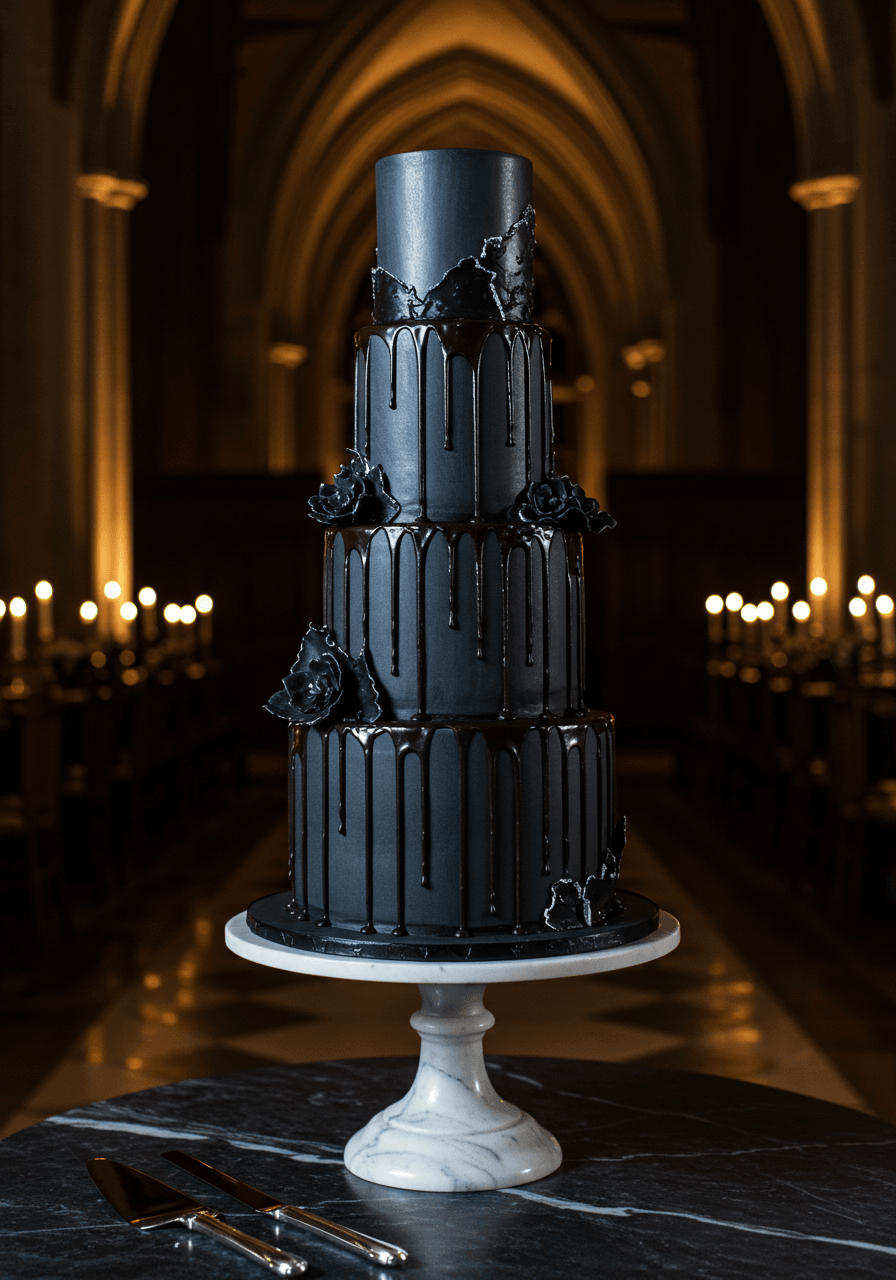 Three-tier wedding cake with contrasting matte black fondant and glossy ganache drips in gothic cathedral reception
