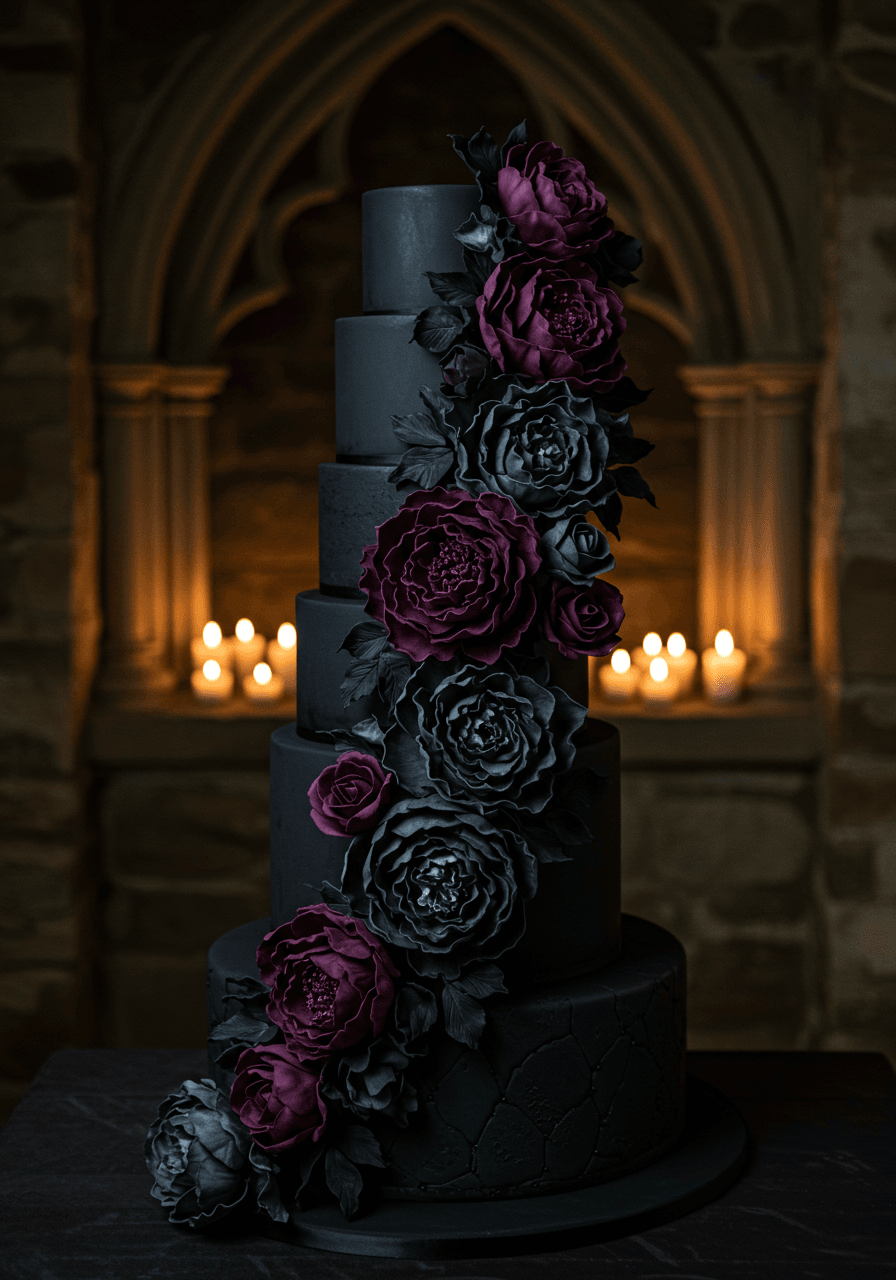 Wide chapel view of gothic cake with cascading plum peonies in warm candlelight
