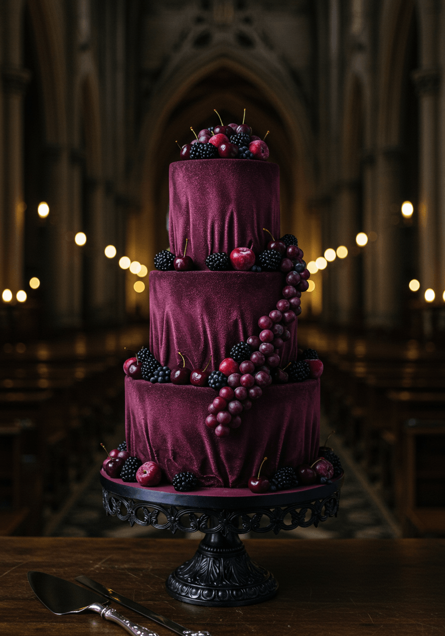 Gothic wedding cake with deep plum velvet fondant texture and cascading blackberries in cathedral setting