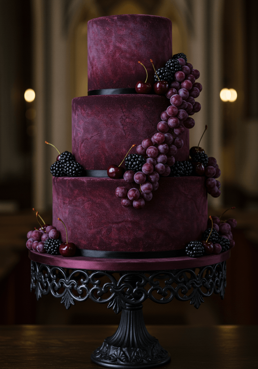 Macro closeup of velvet textured plum fondant with fresh dark berries and grapes