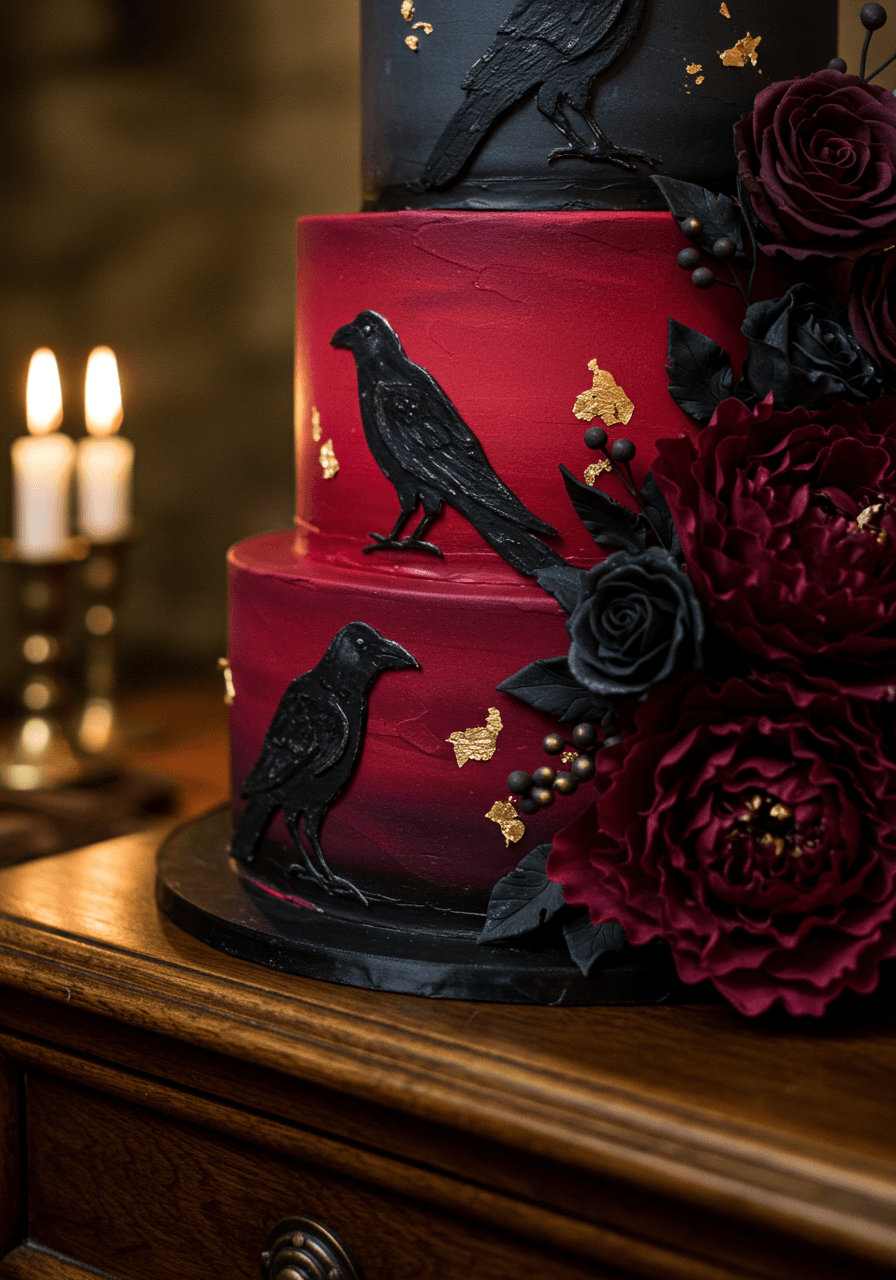 Close-up detail of hand-painted raven silhouettes on crimson ombre buttercream with metallic gold accents in candlelit chapel