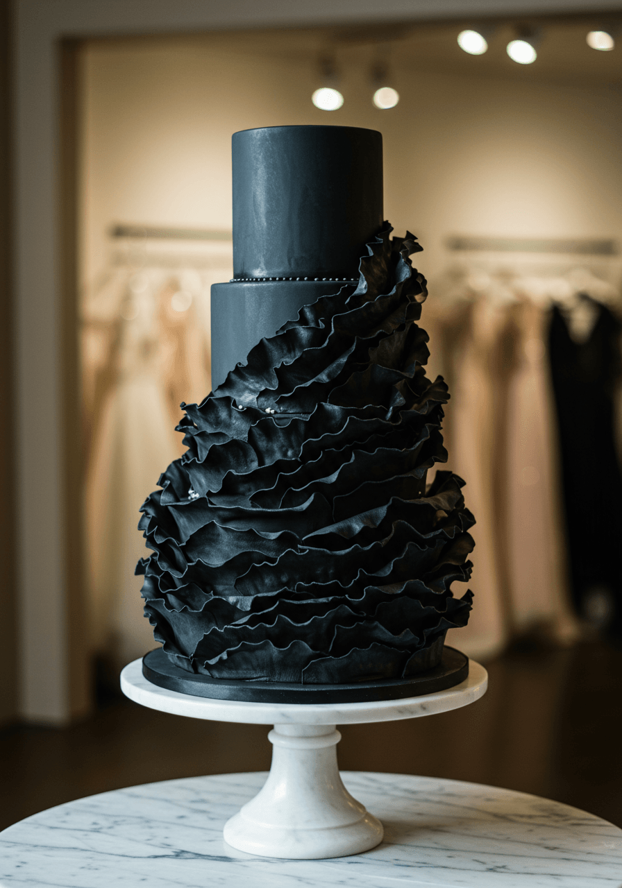 Portrait shot of dramatic black tulle-effect wedding cake on white marble pedestal in bridal boutique