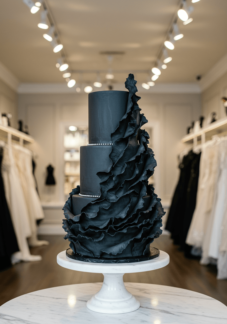 Wide angle view of gothic ruffle wedding cake in sophisticated boutique setting