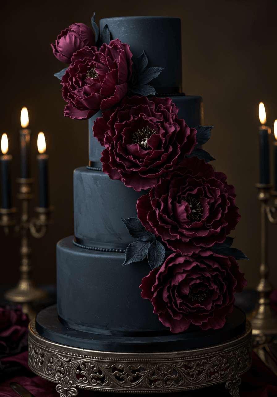 Macro detail shot of large-scale sugar peony decorations on black fondant wedding cake