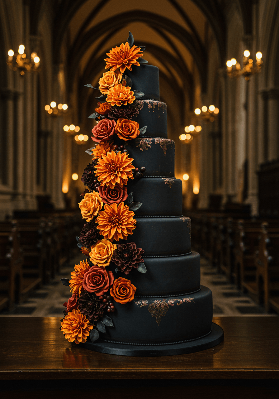 Multi-tier gothic wedding cake with matte black fondant and deep marigold sugar flowers in cathedral hall