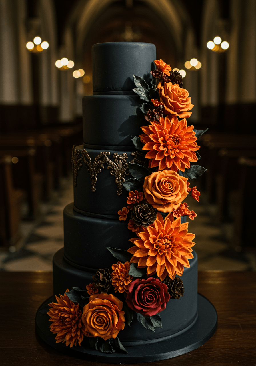 Macro detail of burnt orange and rust colored sugar flowers against black fondant in golden light