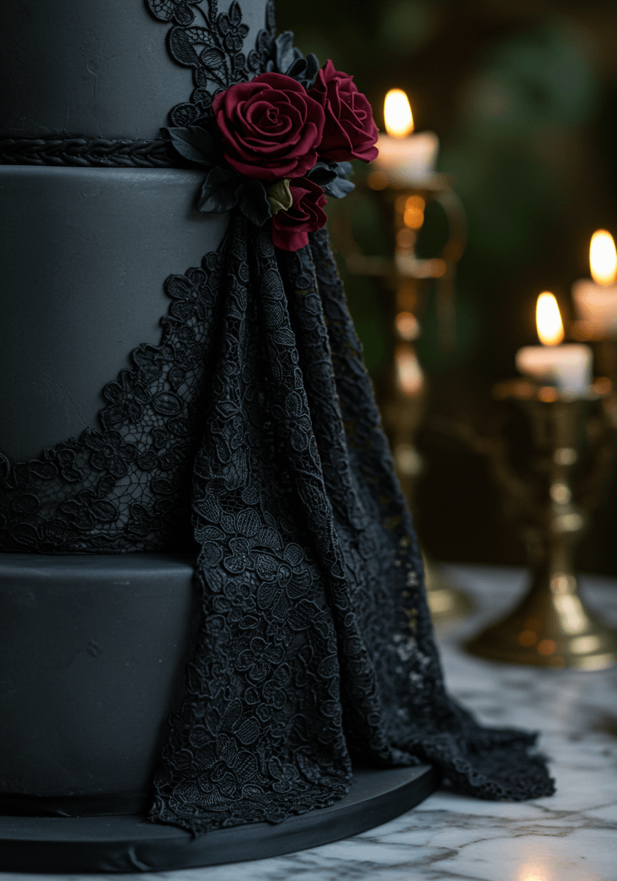 Close-up detail of black sugar lace cascading down charcoal fondant in dimly lit vintage conservatory with candlelight