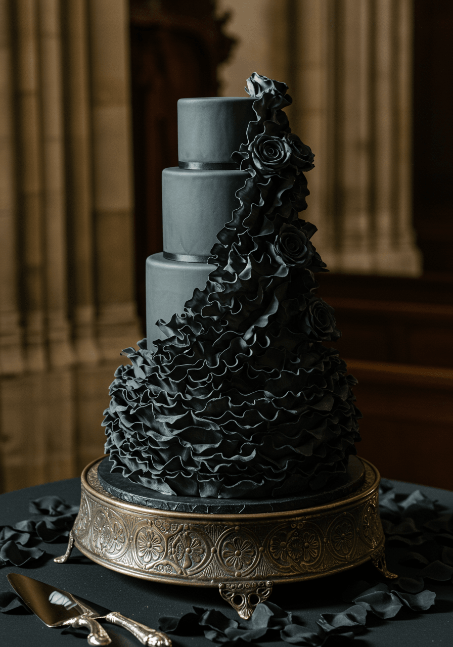 Overhead view of wafer paper ruffle wedding cake with dramatic flowing texture details